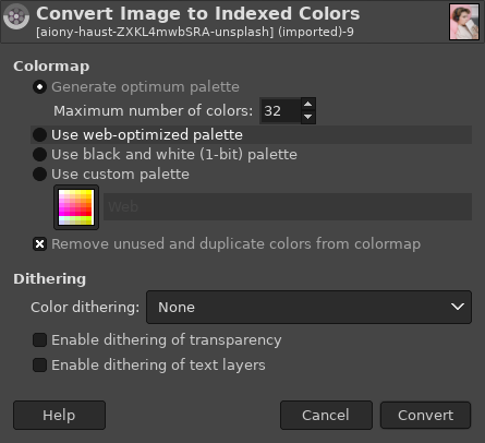 Indexed Color Mode dialog