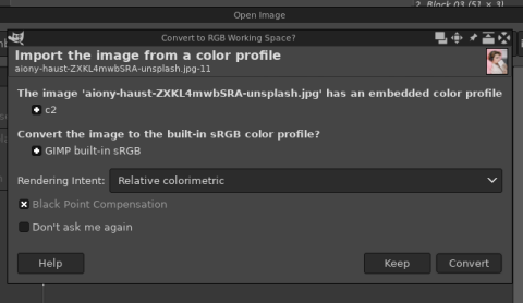 Convert RGB working space dialog
