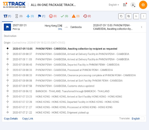 A screenshot of tracking information