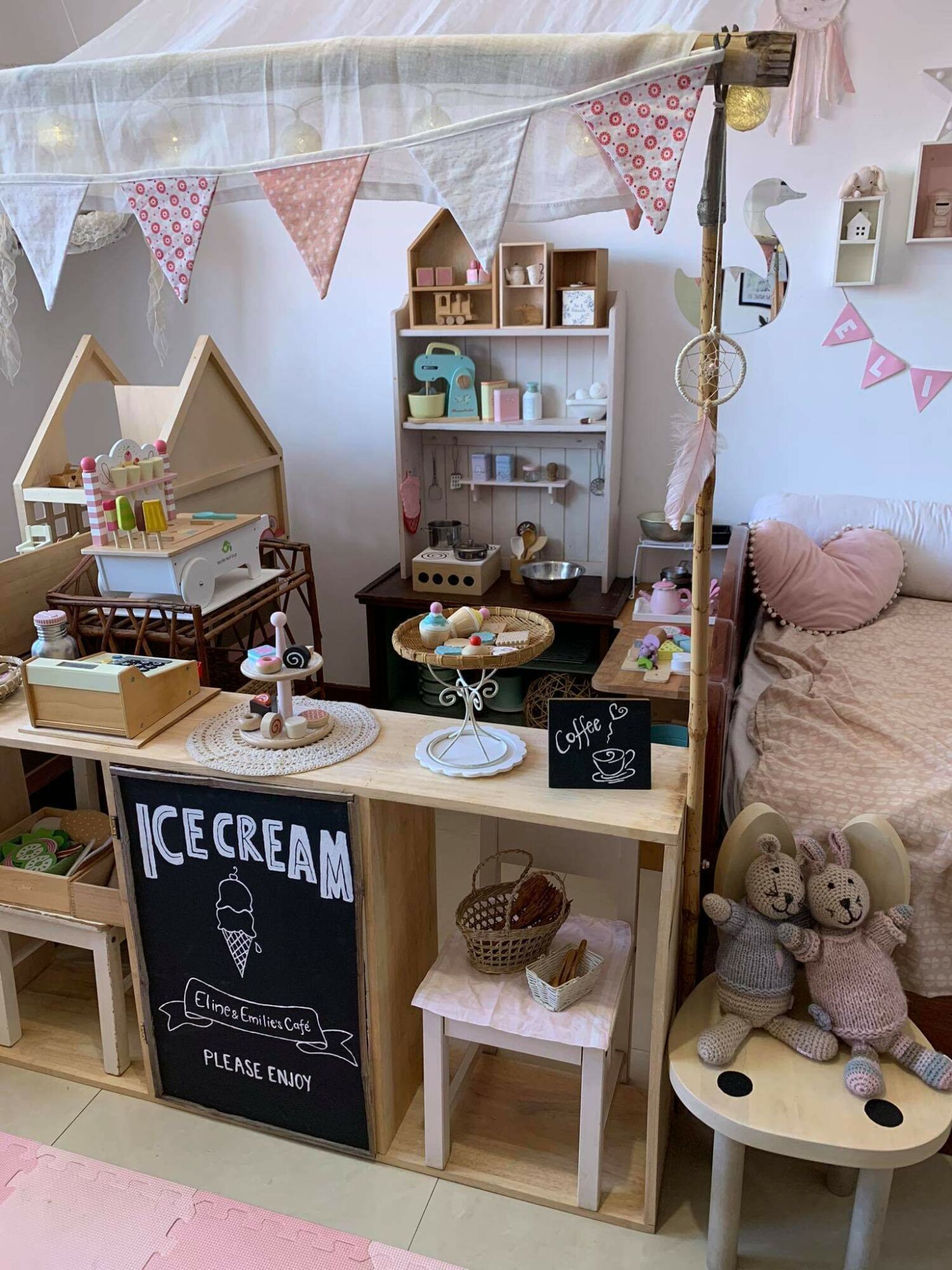 Cute handmade ice cream shop in a room, made by the mother